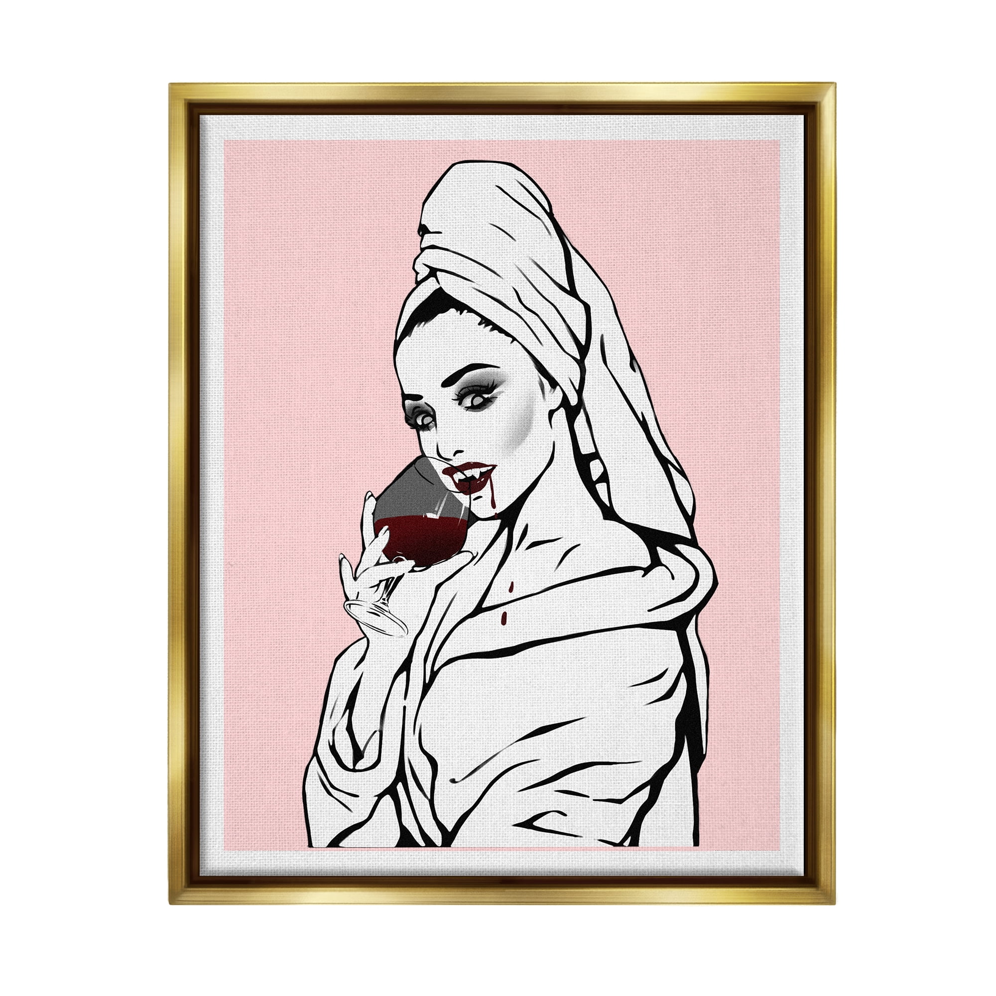 Stupell Pink Vampire Fashionista Drinking Wine Beauty & Fashion Painting Gold Floater Framed Art Print Wall Art