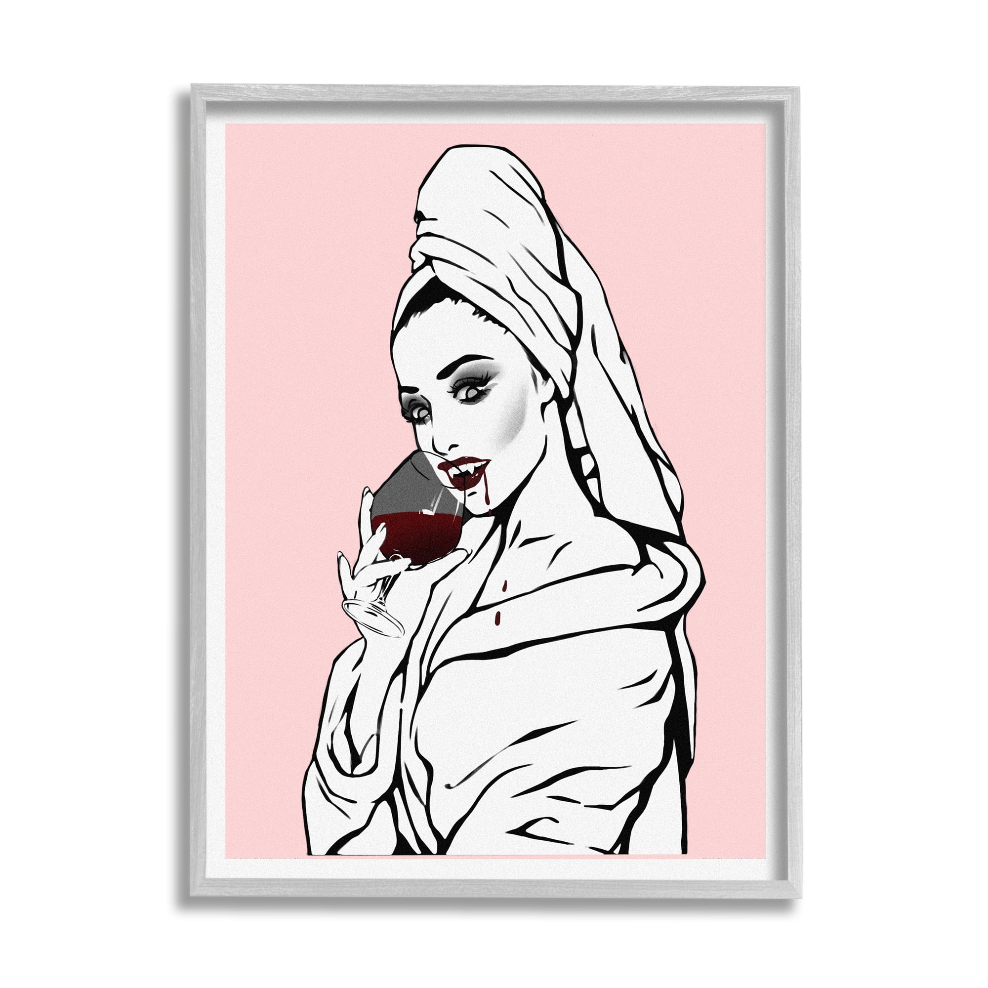 Stupell Pink Vampire Fashionista Drinking Wine Beauty & Fashion Painting Gray Framed Art Print Wall Art