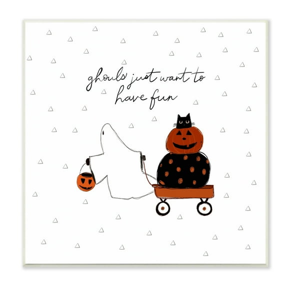 Stupell Playful Ghost Script Quote Pumpkins Cat In Wagon Wood Wall Art - Orange
