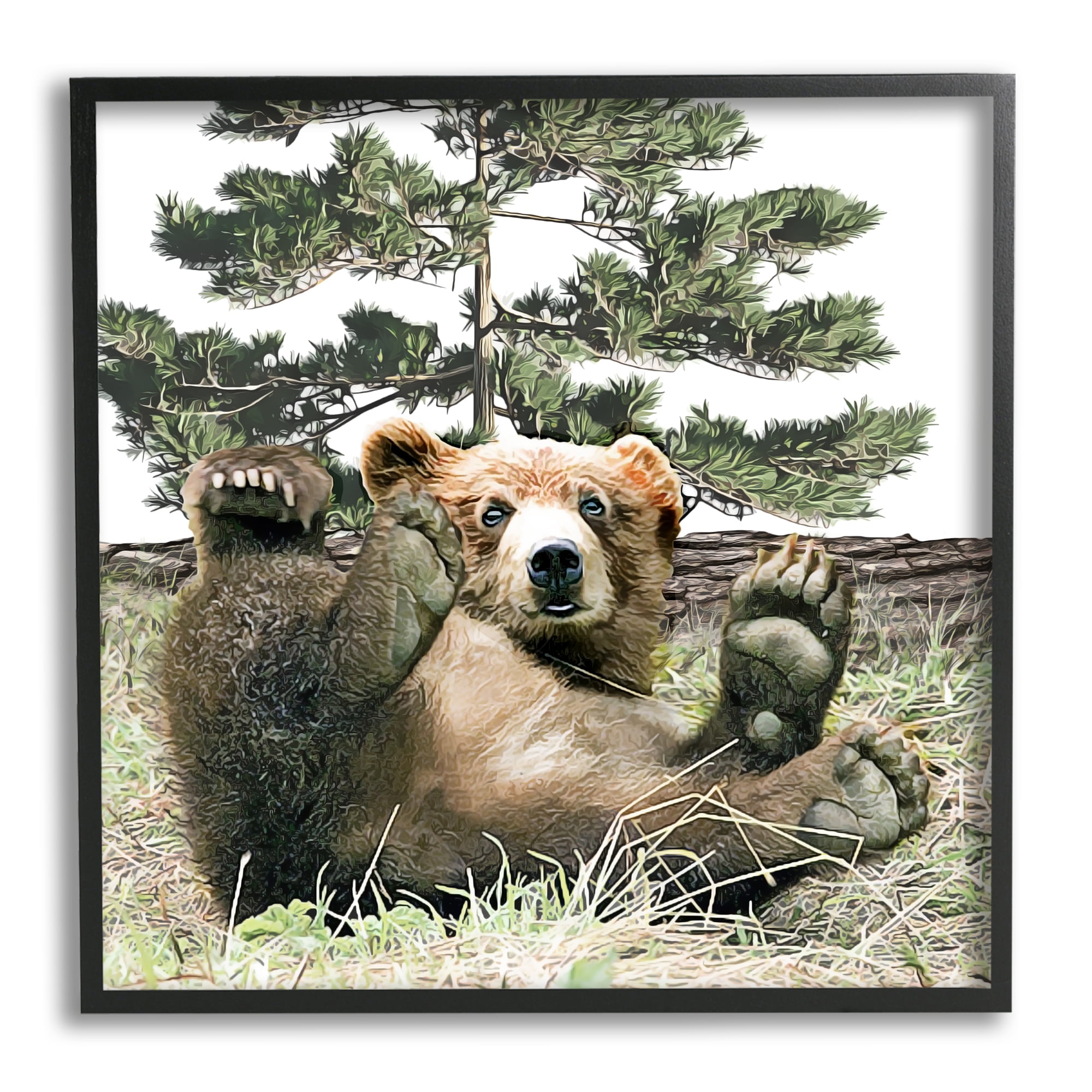 Stupell Playing Bear Cub Forest Trees Animals & Insects Painting Black Framed Art Print Wall Art