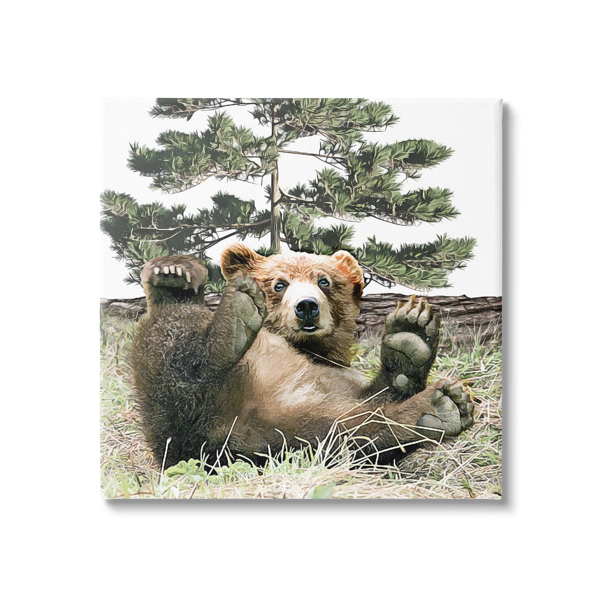 Stupell Playing Bear Cub Forest Trees Animals & Insects Painting Gallery Wrapped Canvas Print Wall Art