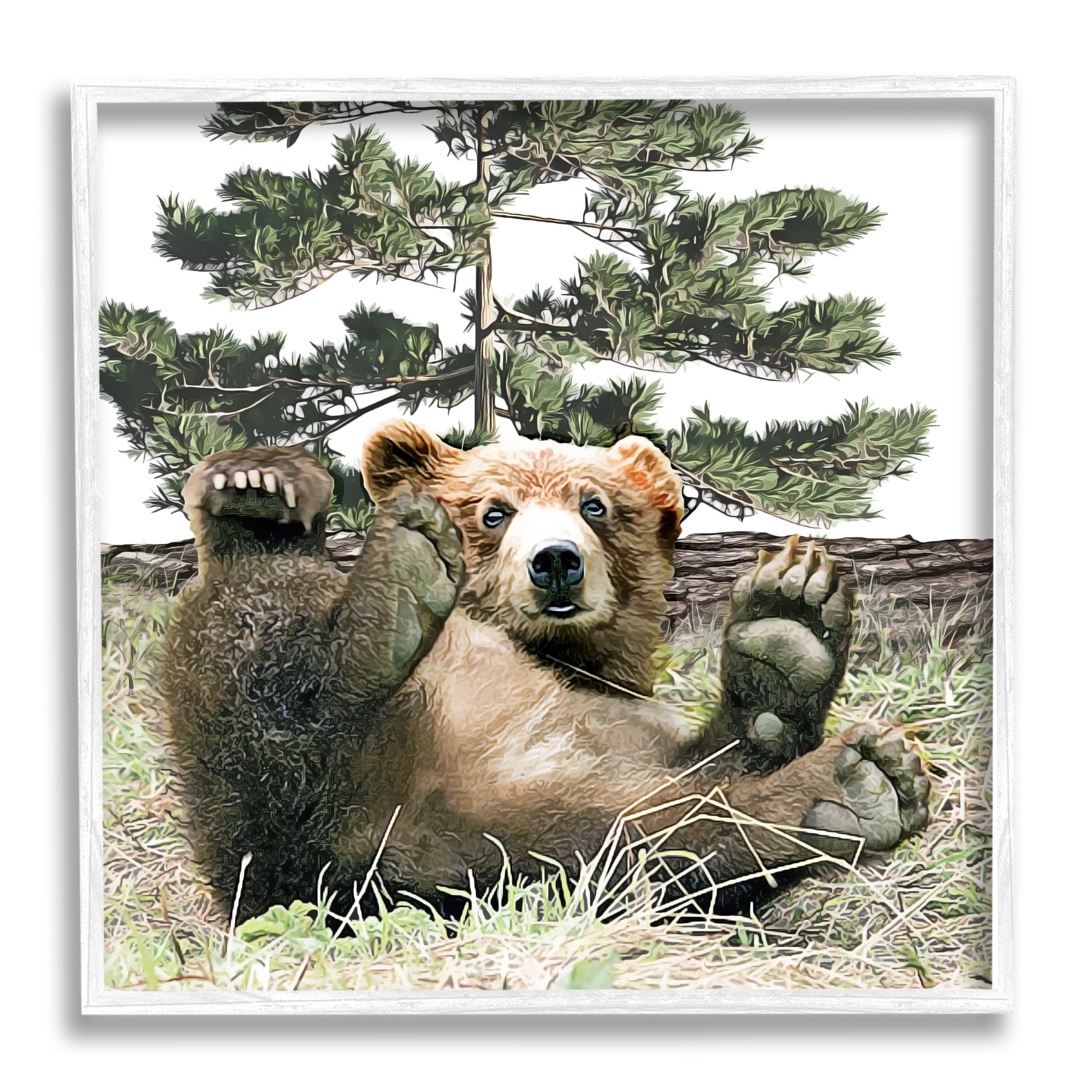 Stupell Playing Bear Cub Forest Trees Animals & Insects Painting White Framed Art Print Wall Art