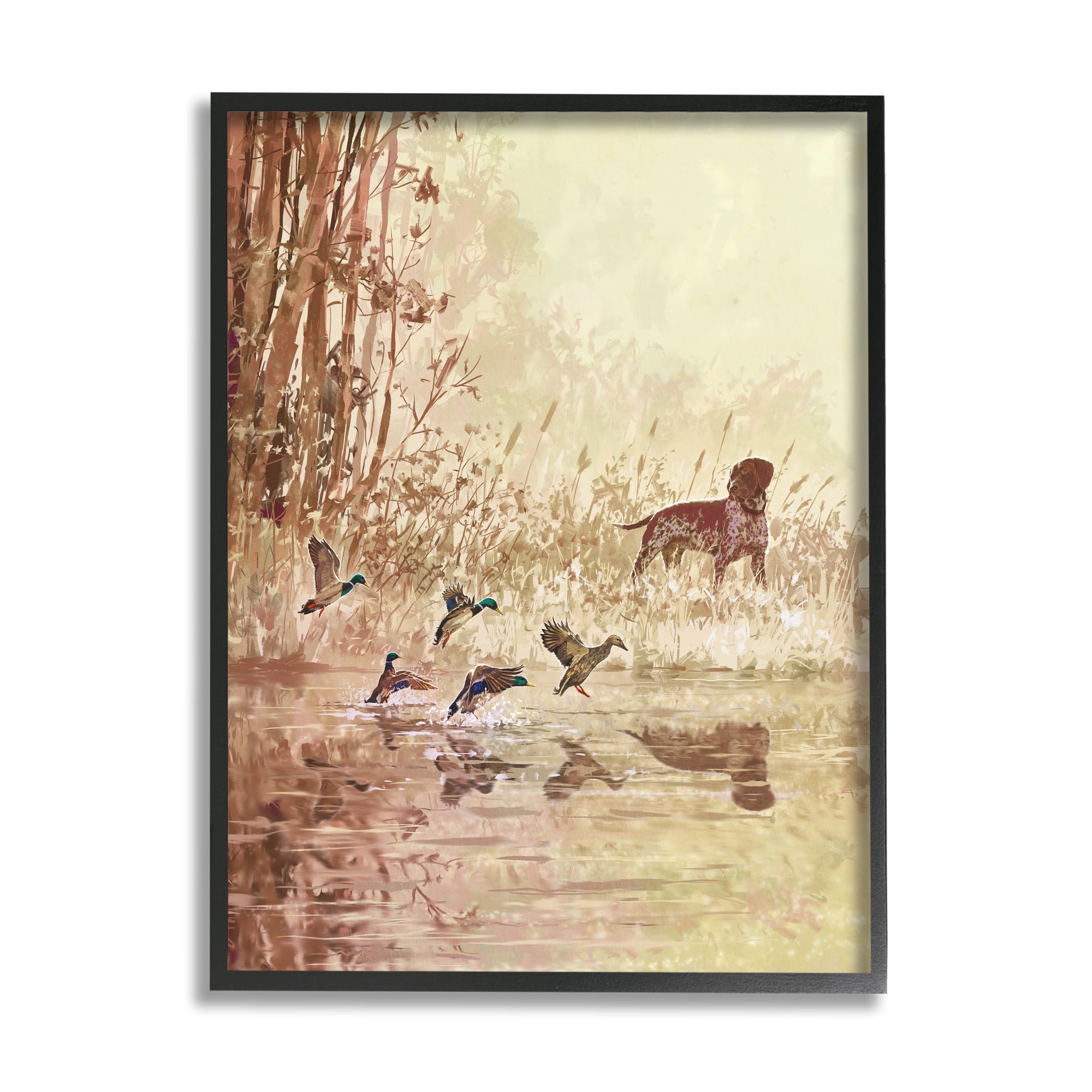 Stupell Pointer Dog & Ducks Lake Nature Animals & Insects Painting Black Framed Art Print Wall Art