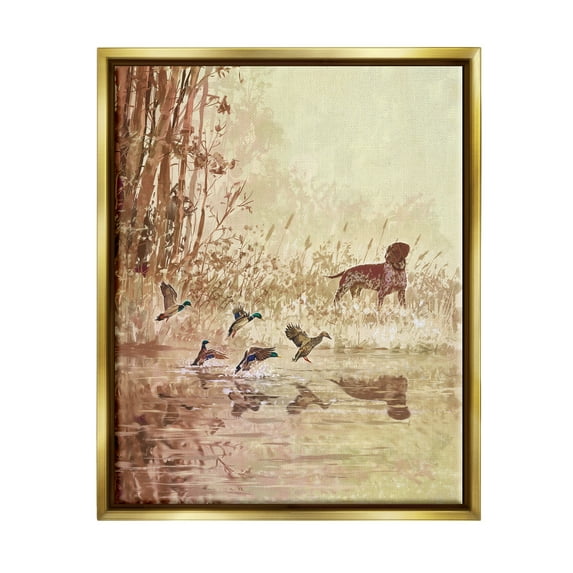 Stupell Pointer Dog & Ducks Lake Nature Animals & Insects Painting Gold Floater Framed Art Print Wall Art