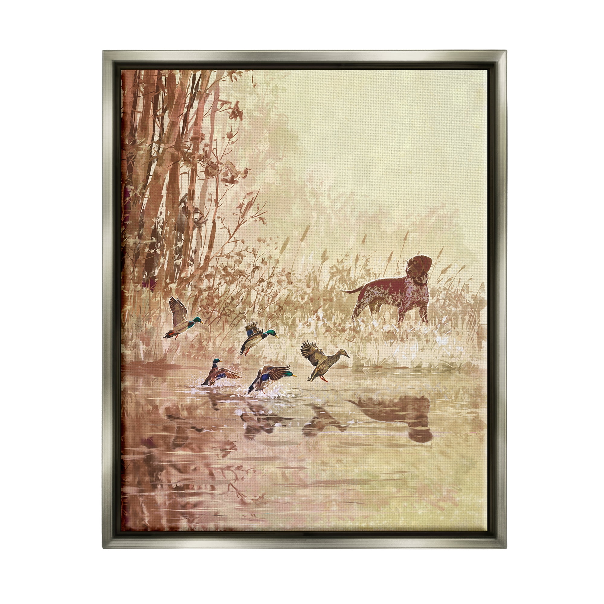 Stupell Pointer Dog & Ducks Lake Nature Animals & Insects Painting Gray Floater Framed Art Print Wall Art