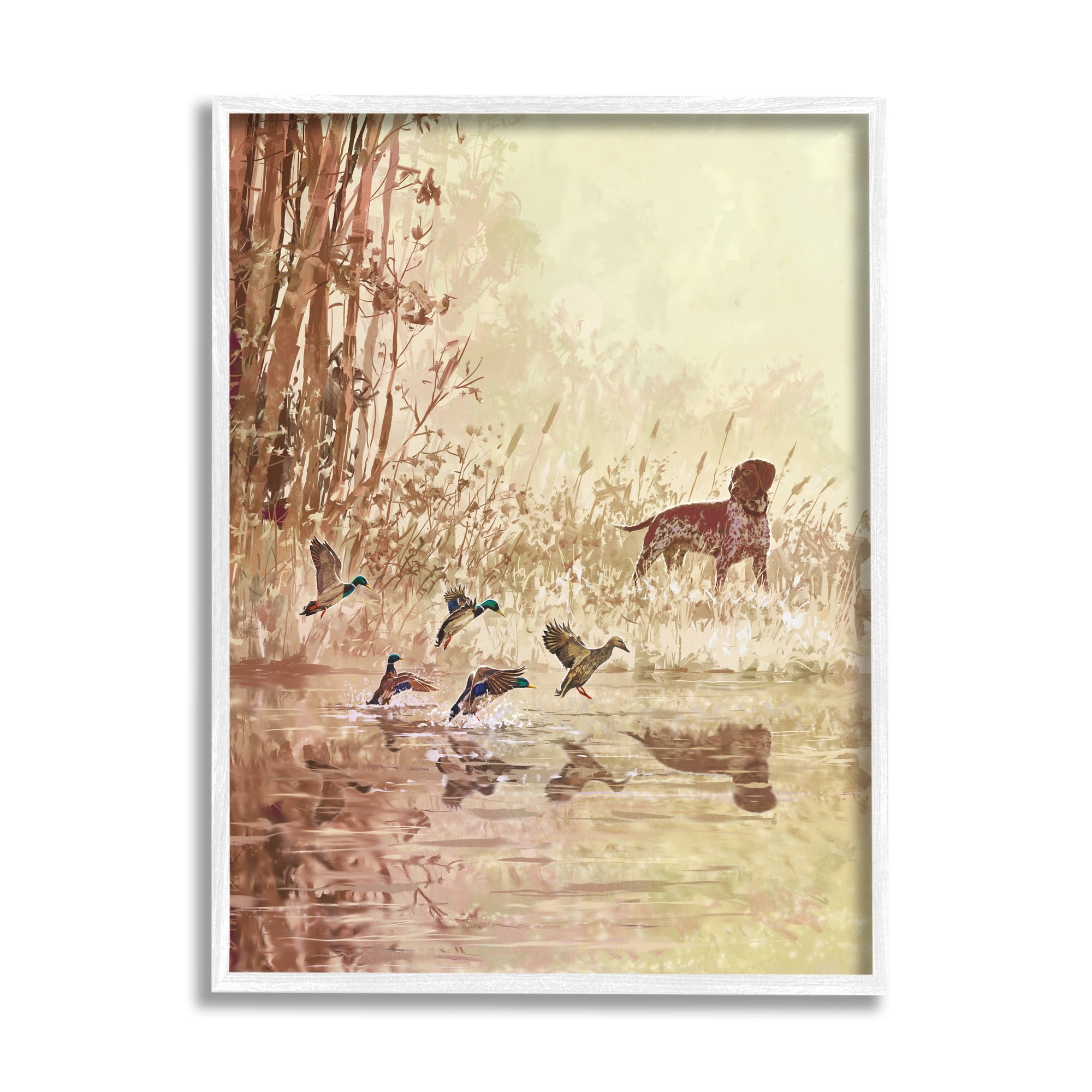 Stupell Pointer Dog & Ducks Lake Nature Animals & Insects Painting White Framed Art Print Wall Art