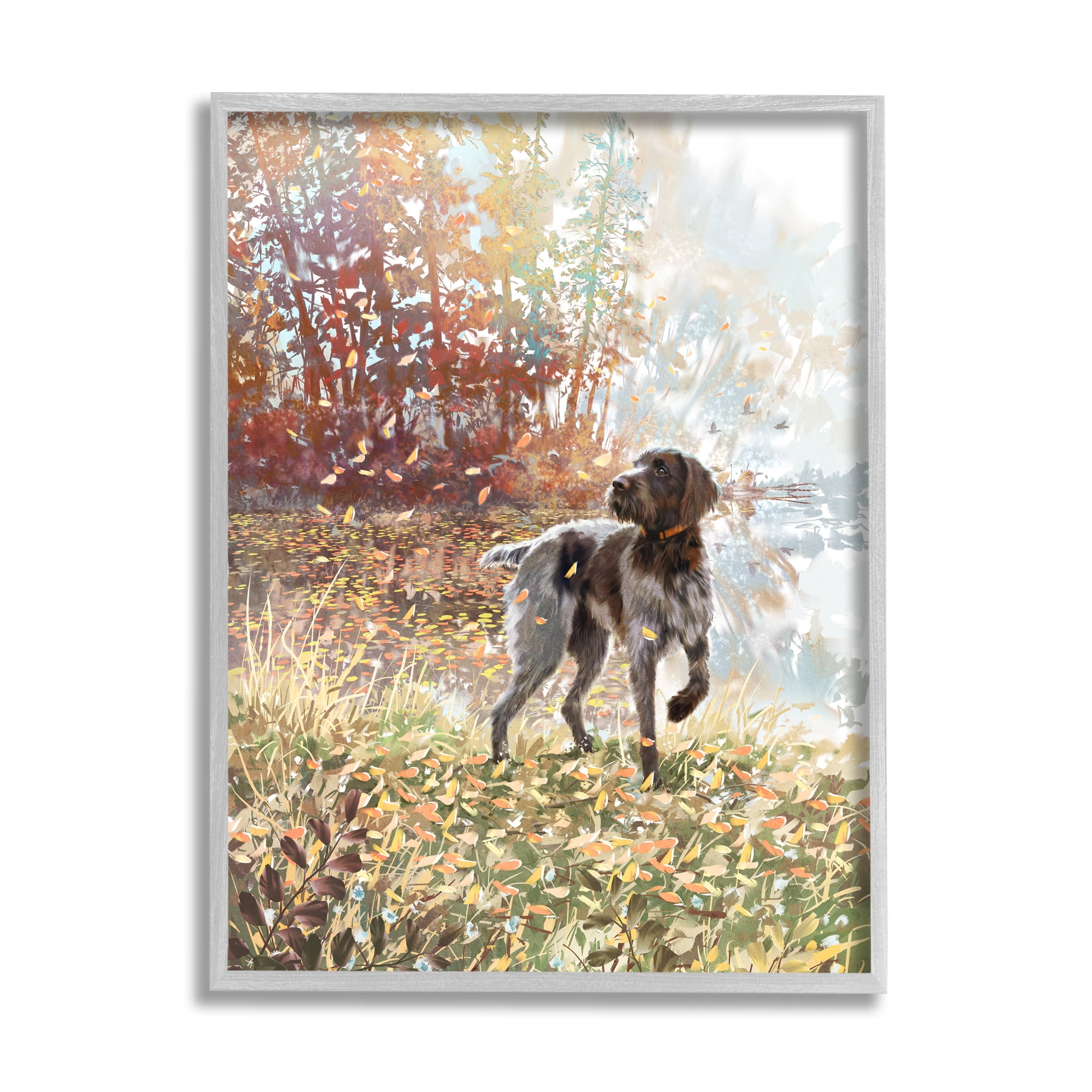Stupell Pointer Dog Forest Lake Foliage Animals & Insects Painting Gray Framed Art Print Wall Art
