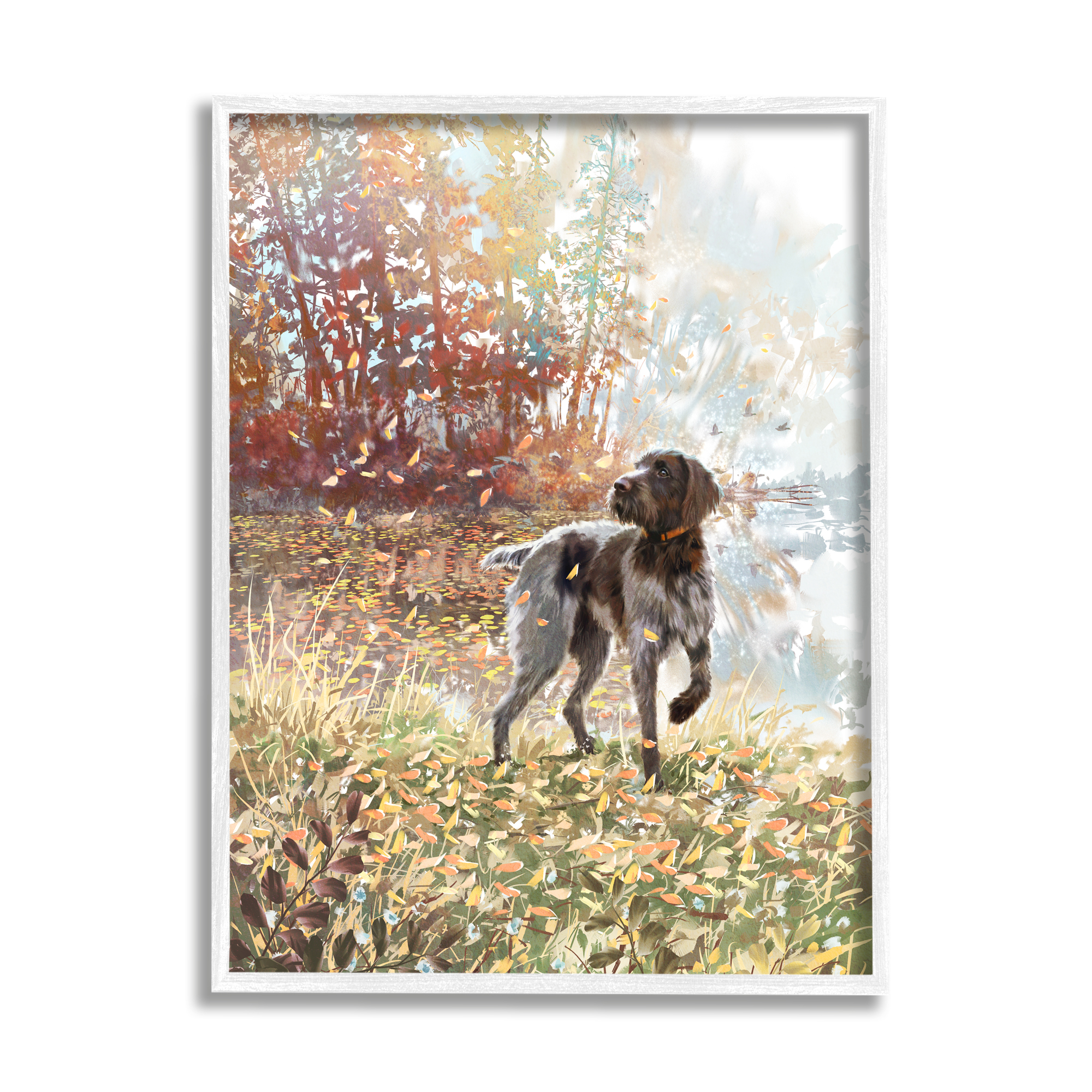 Stupell Pointer Dog Forest Lake Foliage Animals & Insects Painting White Framed Art Print Wall Art