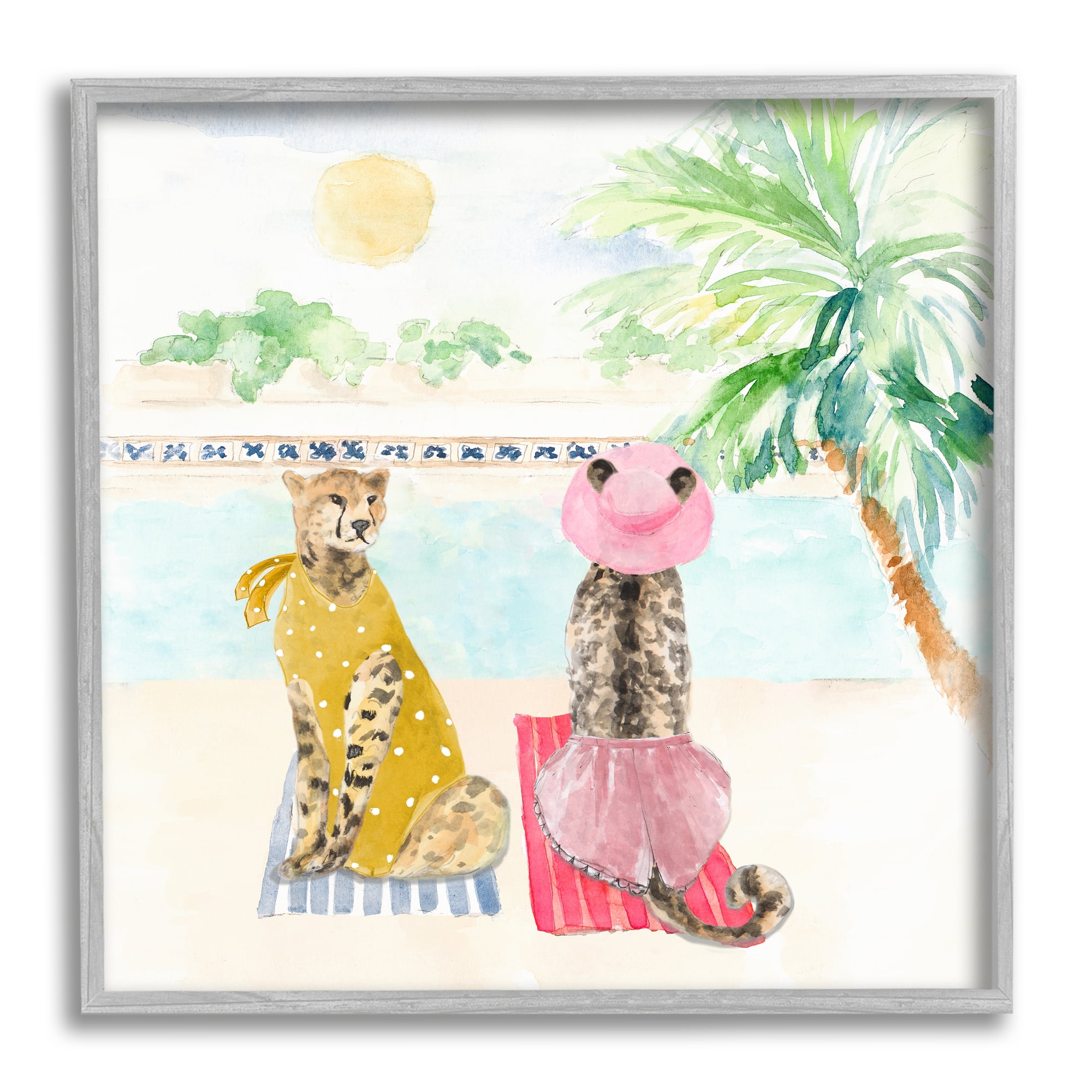 Stupell Pool Side Cheetahs Fun Wildlife Landscape Painting Gray Framed Art Print Wall Art