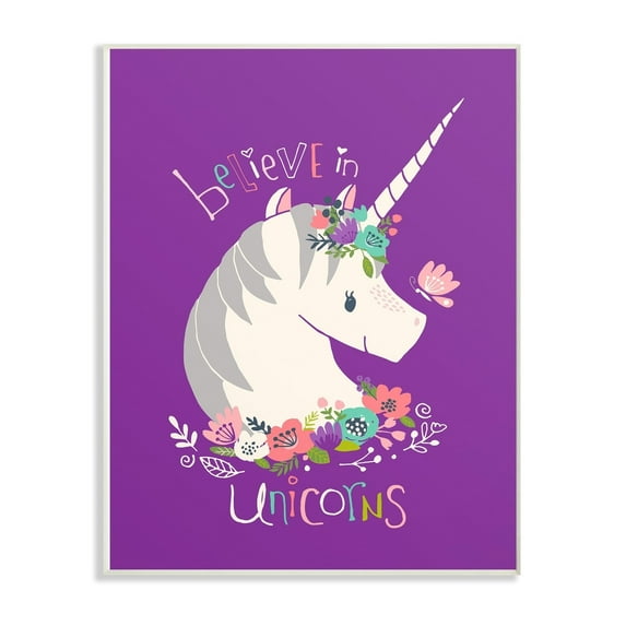 Stupell Purple Floral Believe In Unicorns Wall Plaque Art, 10 x 0.5 x 15, A 13 x 19