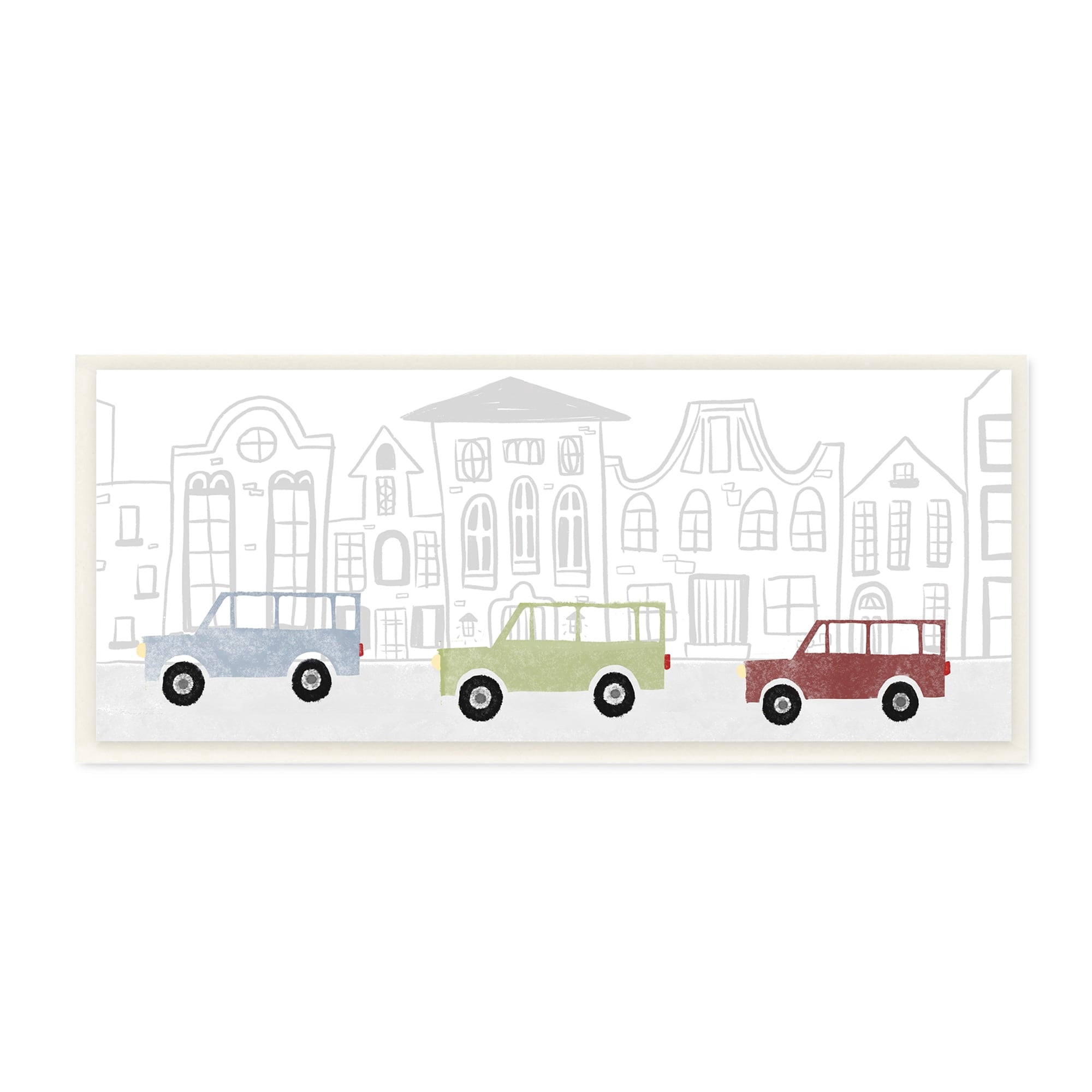 Stupell Industries Quaint City Neighborhood Cars Driving Along Road Illustration Wood Wall Art, 17 x 7, Design by Daphne Polselli