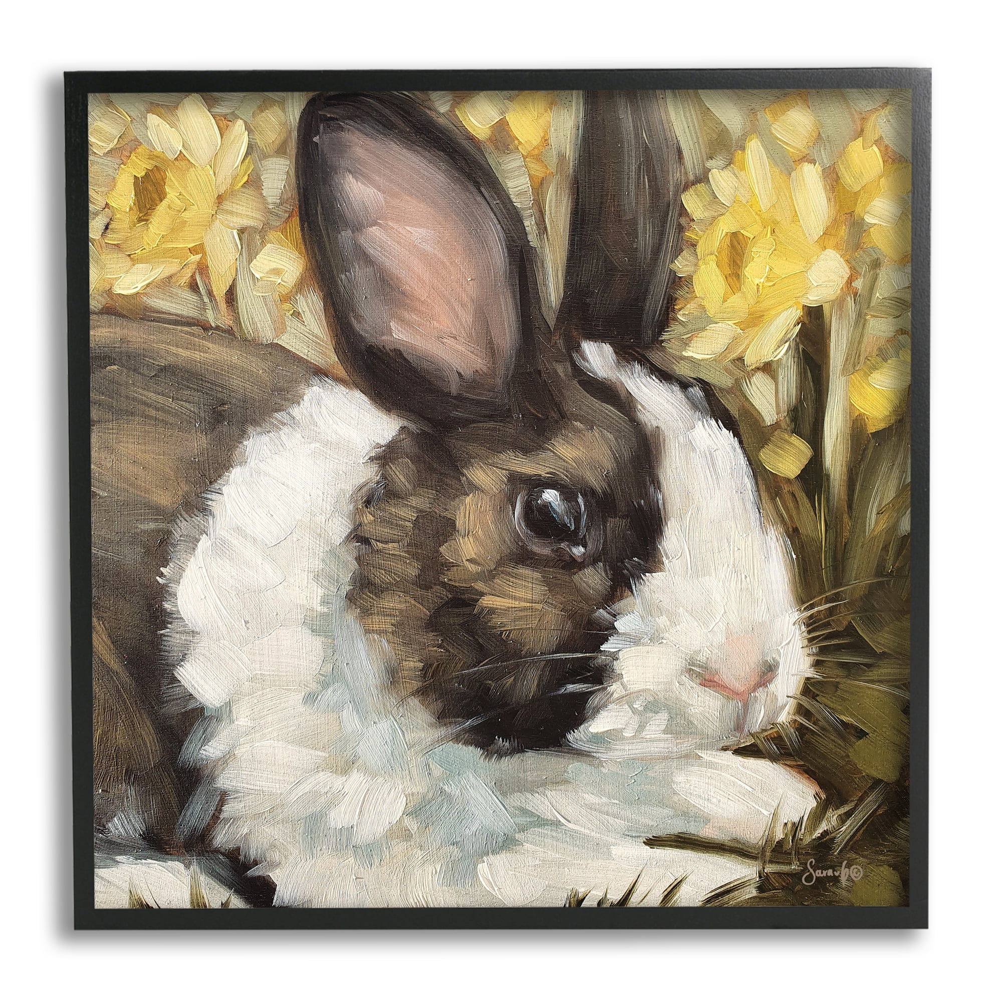 Stupell Rabbit Blooming Daffodils Nature Animals & Insects Painting Black Framed Art Print Wall Art