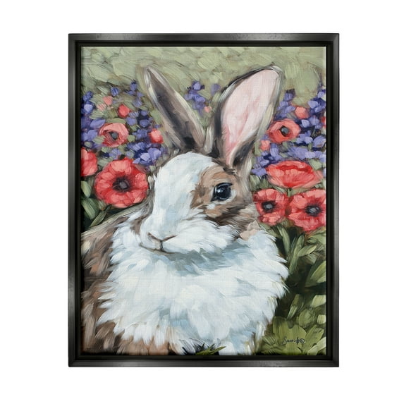 Stupell Rabbit Flower Meadow Nature Animals & Insects Painting Black Floater Framed Art Print Wall Art