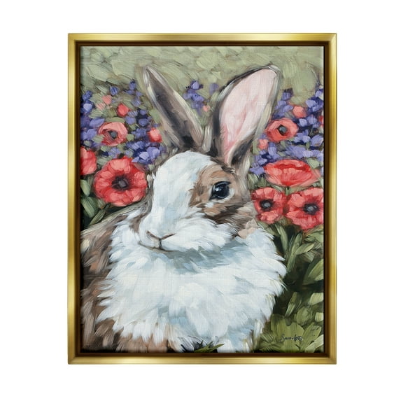 Stupell Rabbit Flower Meadow Nature Animals & Insects Painting Gold Floater Framed Art Print Wall Art