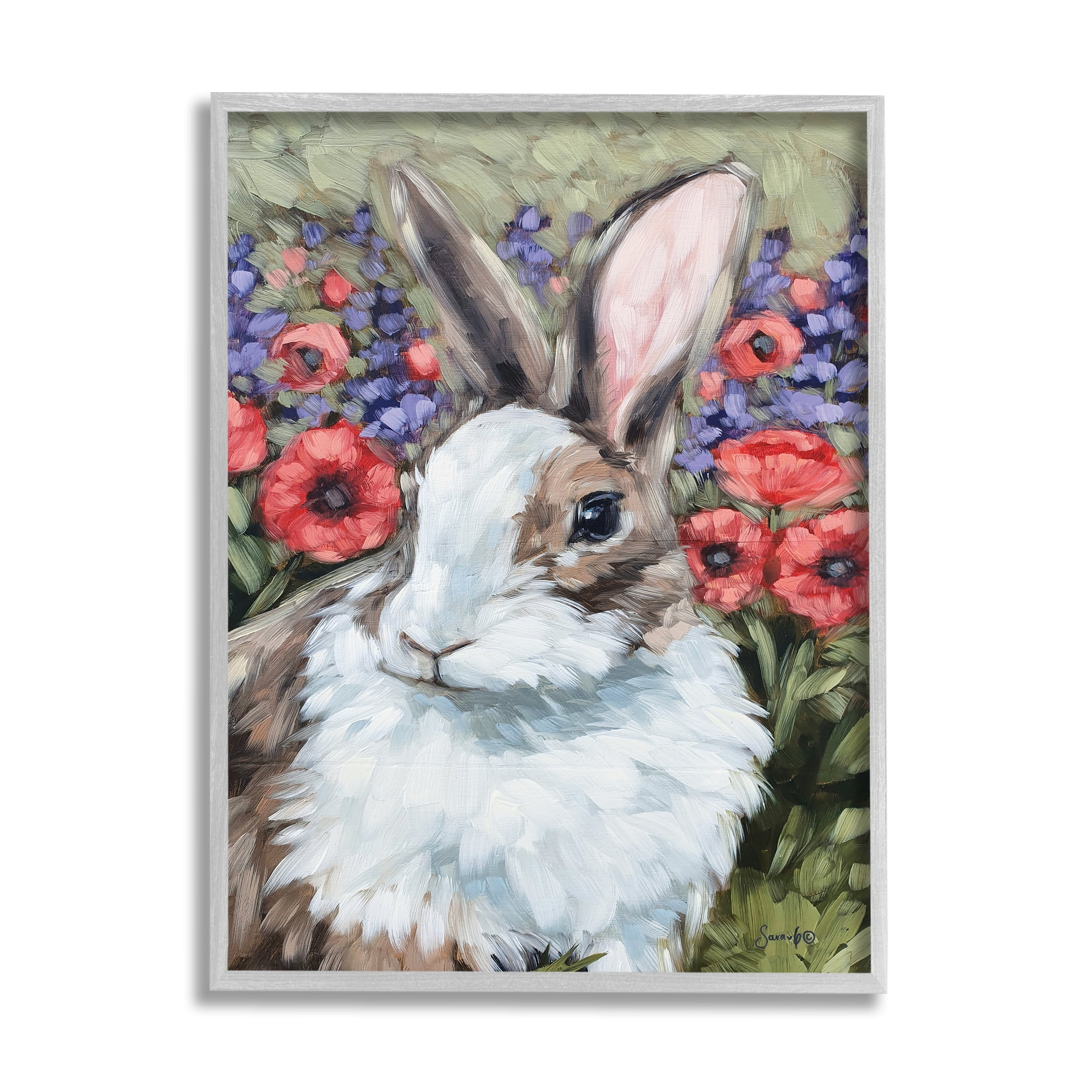 Gray Framed Rabbit Flower Meadow Nature Canvas Print