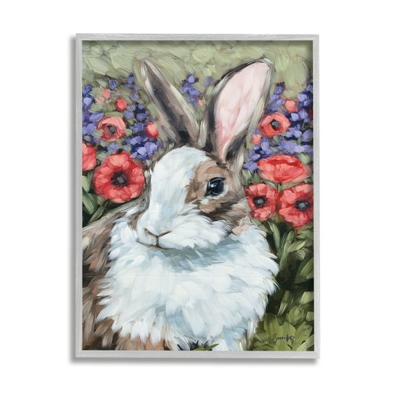 Stupell Rabbit Flower Meadow Nature Animals & Insects Painting Gray Framed Art Print Wall Art