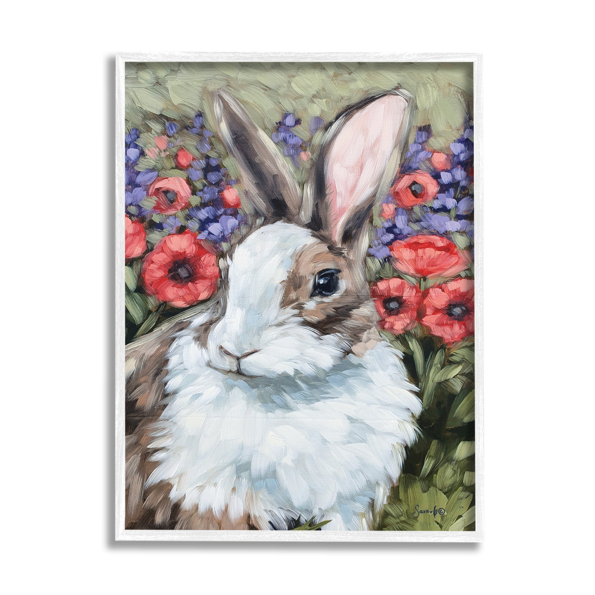 Stupell Rabbit Flower Meadow Nature Animals & Insects Painting White Framed Art Print Wall Art