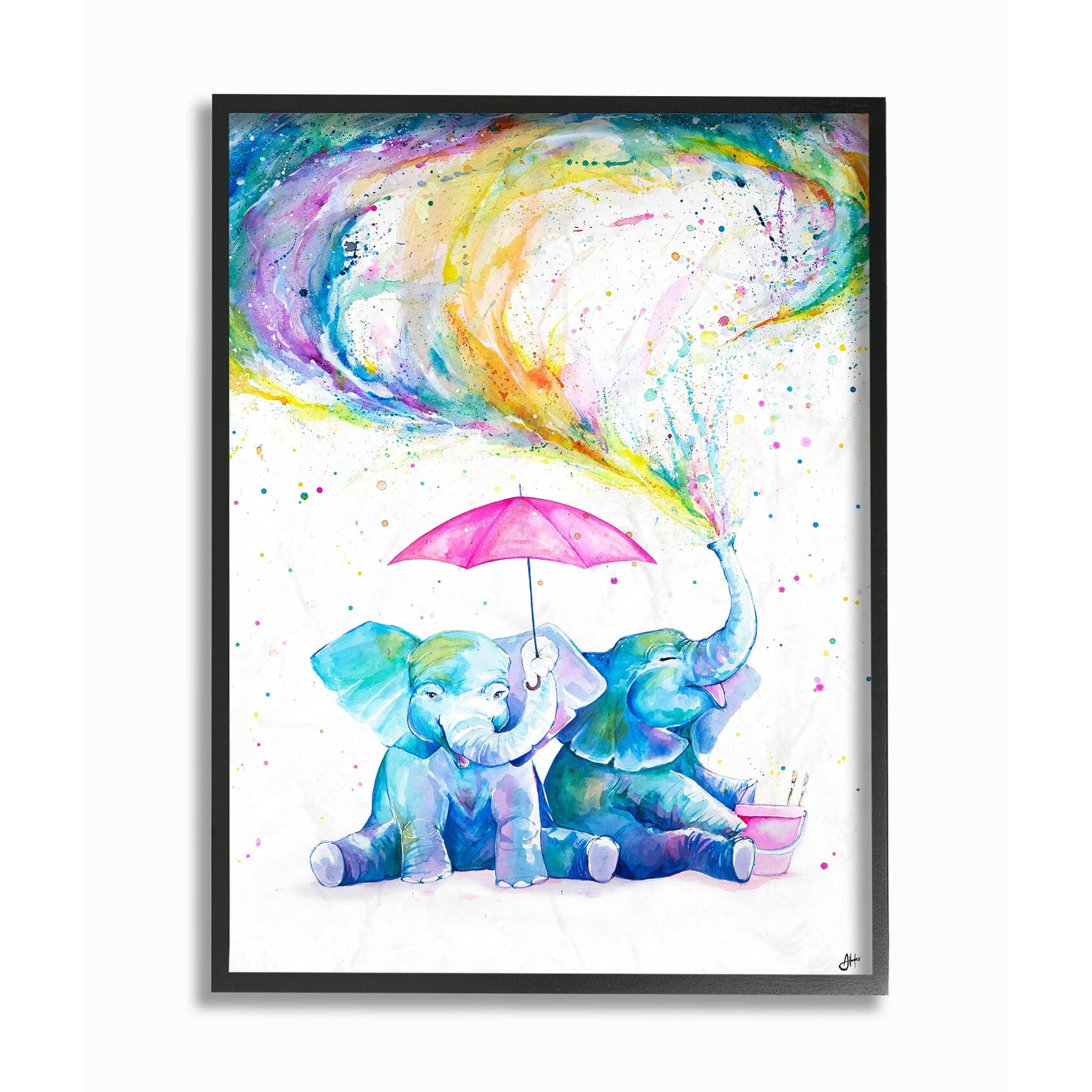 Stupell Rainbow Watercolor Spraying Elephants with Pink Umbrella Framed Art, 11 x 14, Multi-Color 24 x 30