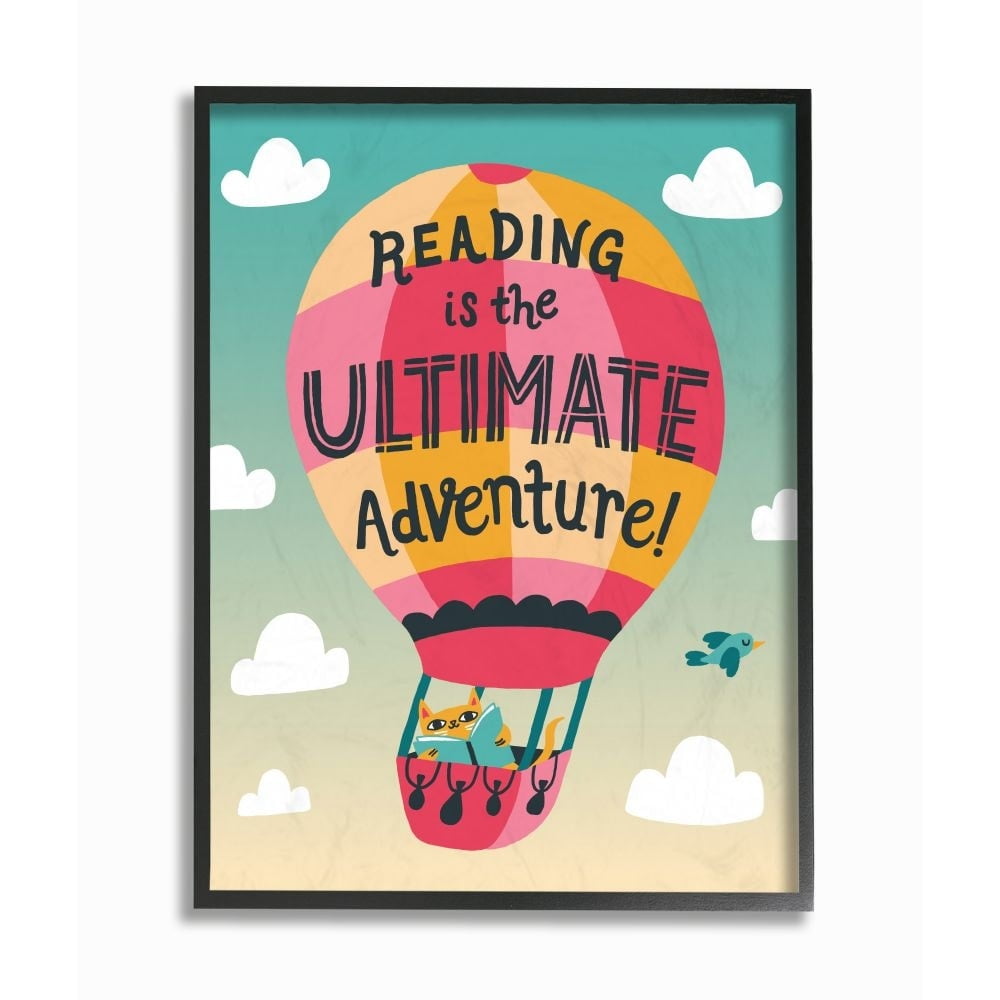 Stupell Reading Adventures Cat in a Hot Air Balloon with Clouds Framed Wall Art, 11x14, Multi-color 16 x 20
