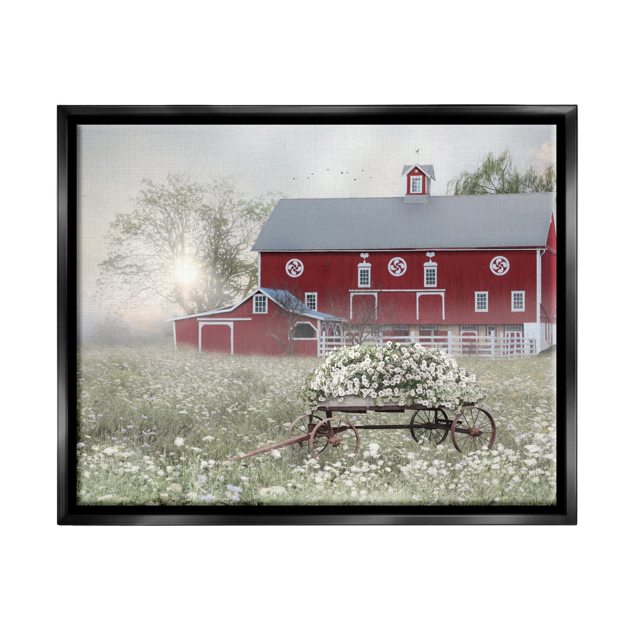 Stupell Red Barn Floral Wagon Meadow Landscape Painting Black Floater Framed Art Print Wall Art