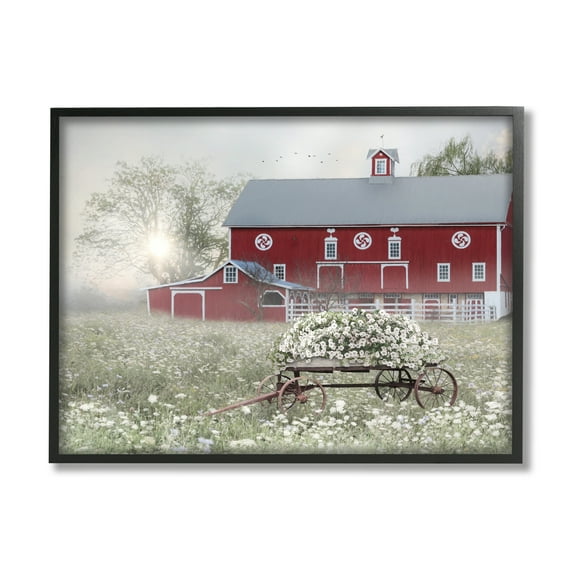 Stupell Red Barn Floral Wagon Meadow Landscape Painting Black Framed Art Print Wall Art