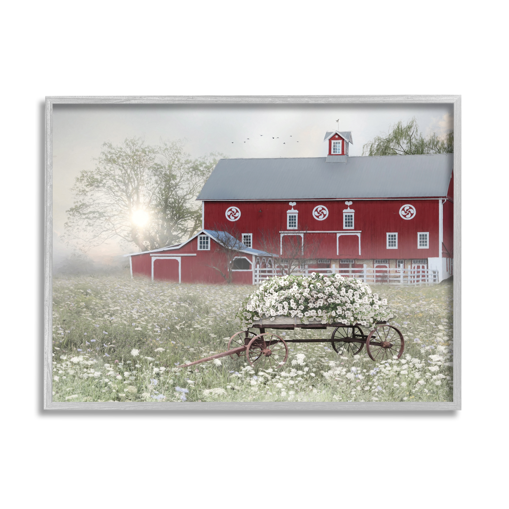 Stupell Red Barn Floral Wagon Meadow Landscape Painting Gray Framed Art Print Wall Art