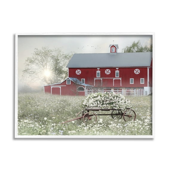 Stupell Red Barn Floral Wagon Meadow Landscape Painting White Framed Art Print Wall Art