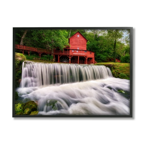 Stupell Red Bridge Overlooking Waterfall Landscape Photography Black Framed Art Print Wall Art