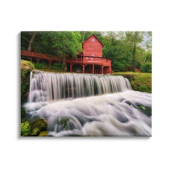 Stupell Red Bridge Overlooking Waterfall Landscape Photography Gallery Wrapped Canvas Print Wall Art