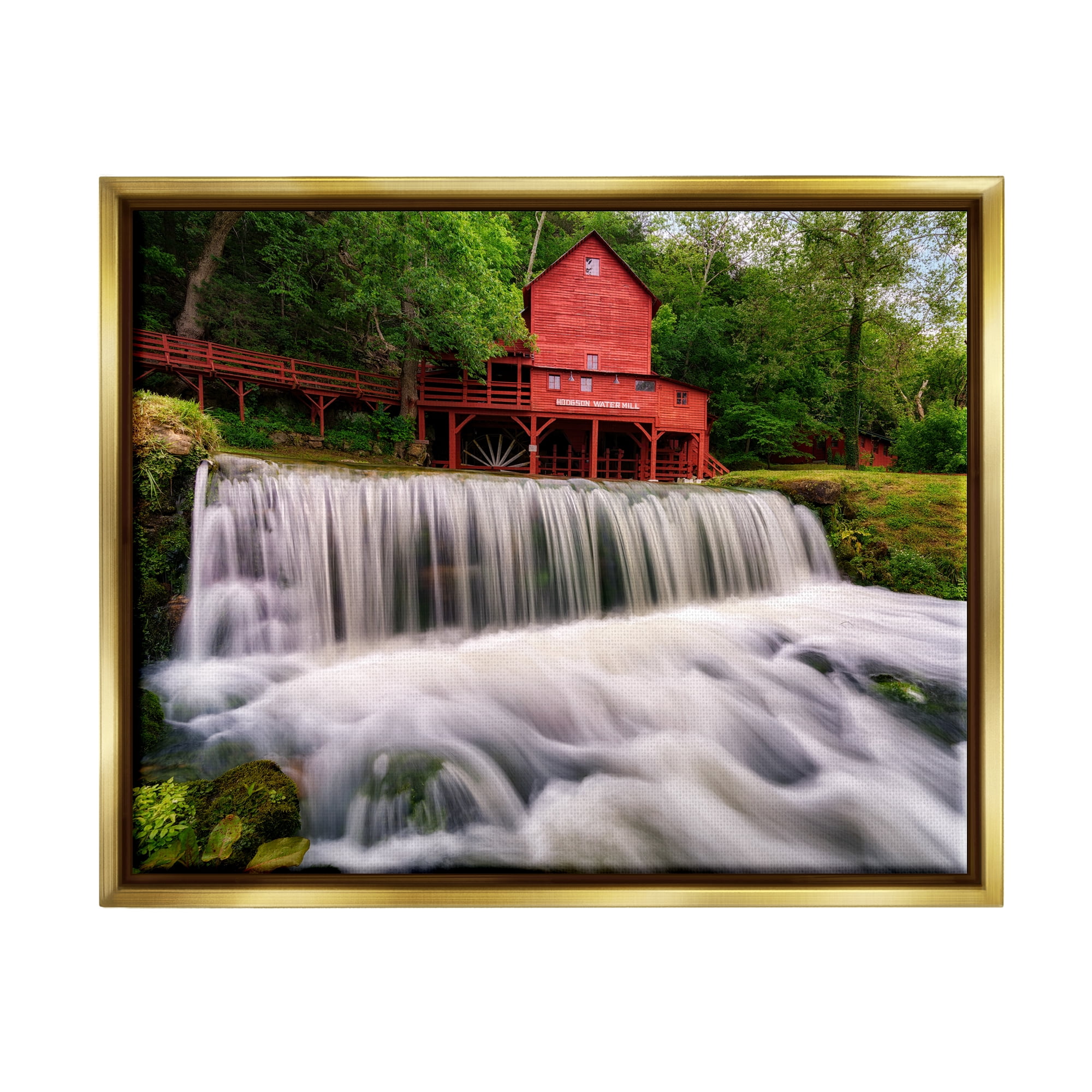 Stupell Red Bridge Overlooking Waterfall Landscape Photography Gold Floater Framed Art Print Wall Art