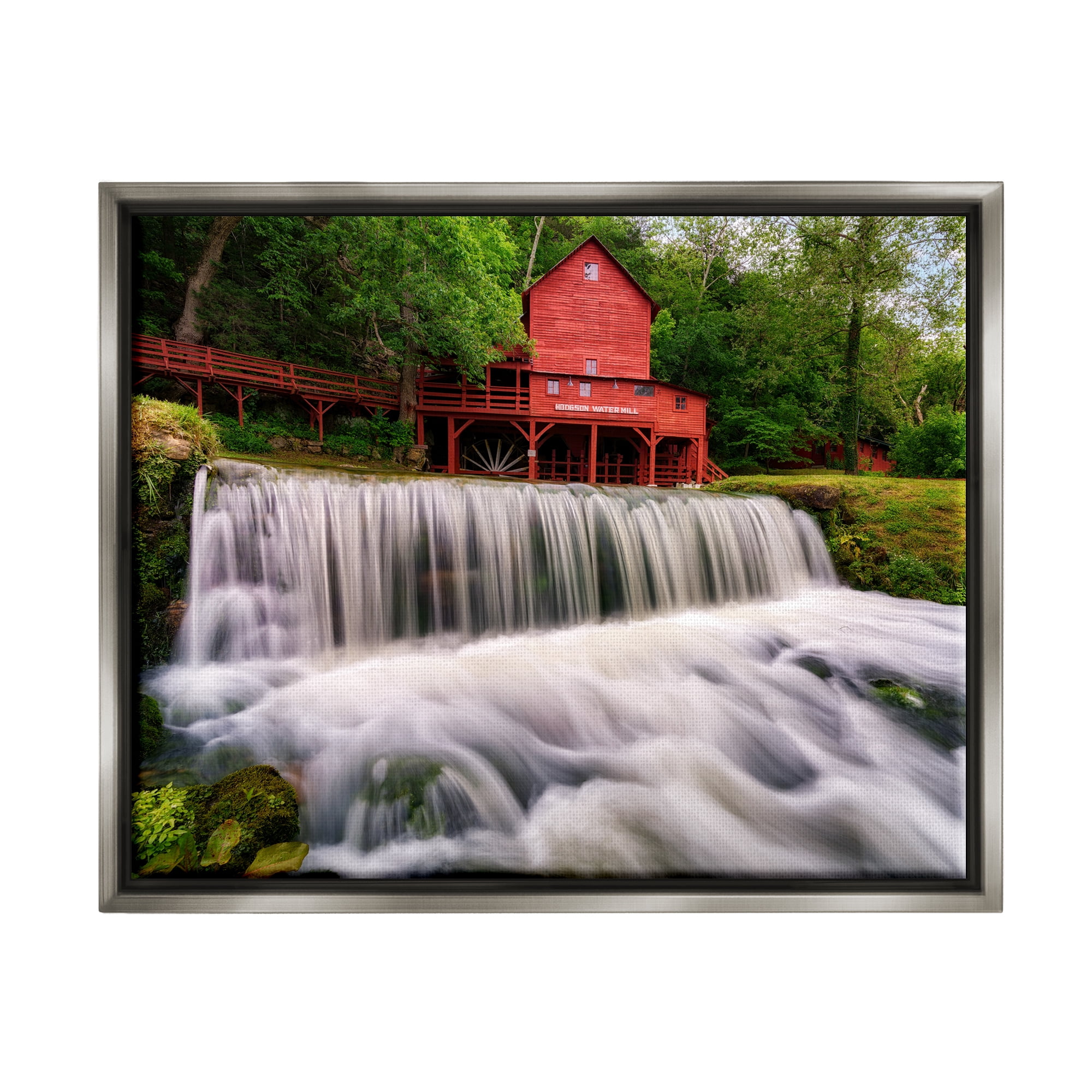 Stupell Red Bridge Overlooking Waterfall Landscape Photography Gray Floater Framed Art Print Wall Art