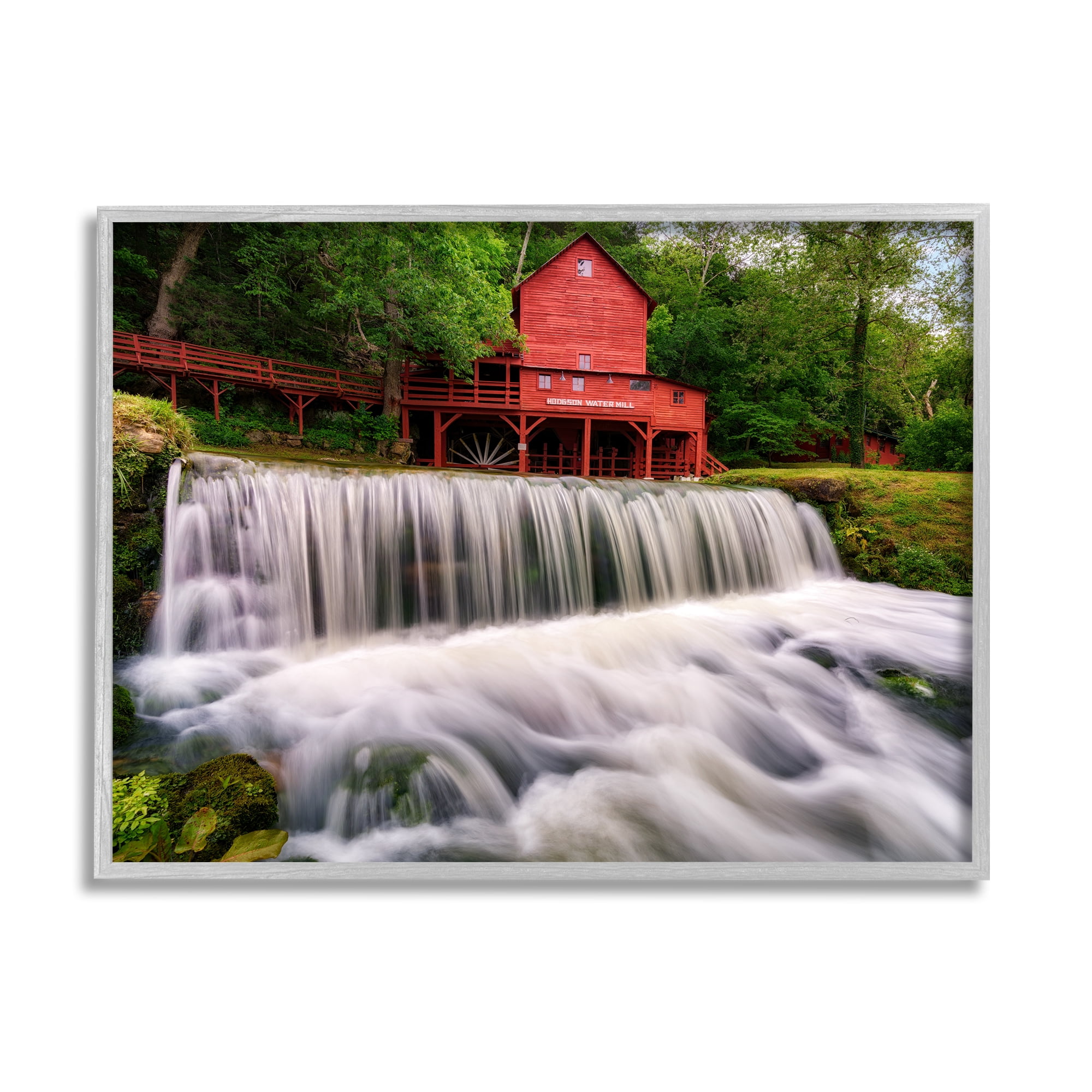 Stupell Red Bridge Overlooking Waterfall Landscape Photography Gray Framed Art Print Wall Art