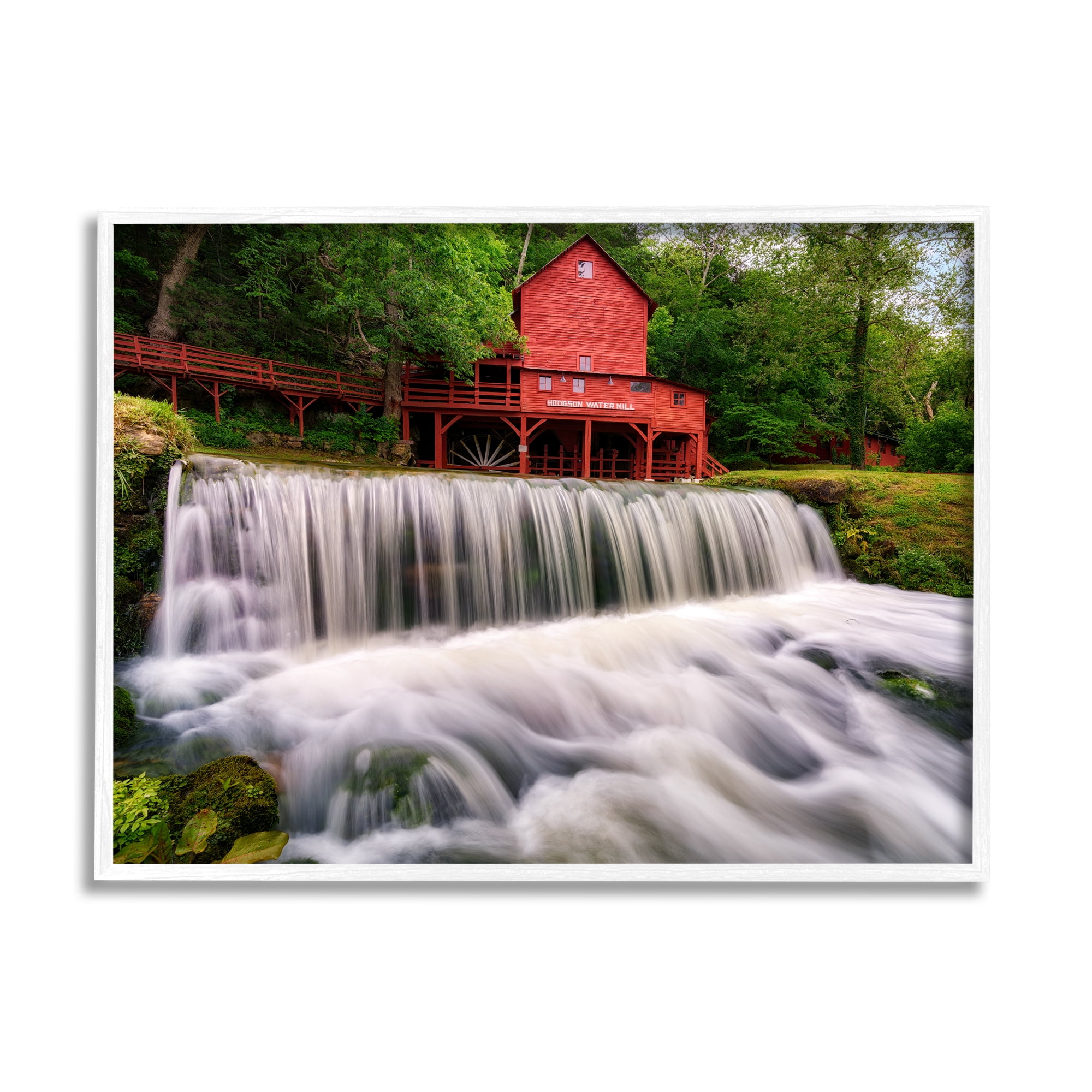 Stupell Red Bridge Overlooking Waterfall Landscape Photography White Framed Art Print Wall Art