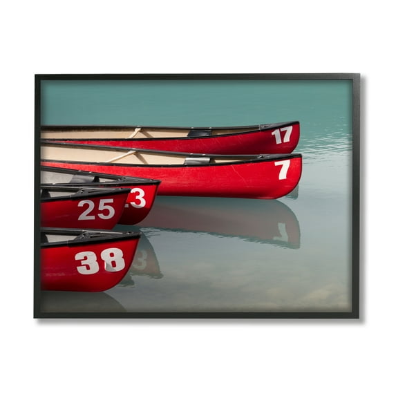 Stupell Red Canoes Summertime Lake Landscape Photography Black Framed Art Print Wall Art