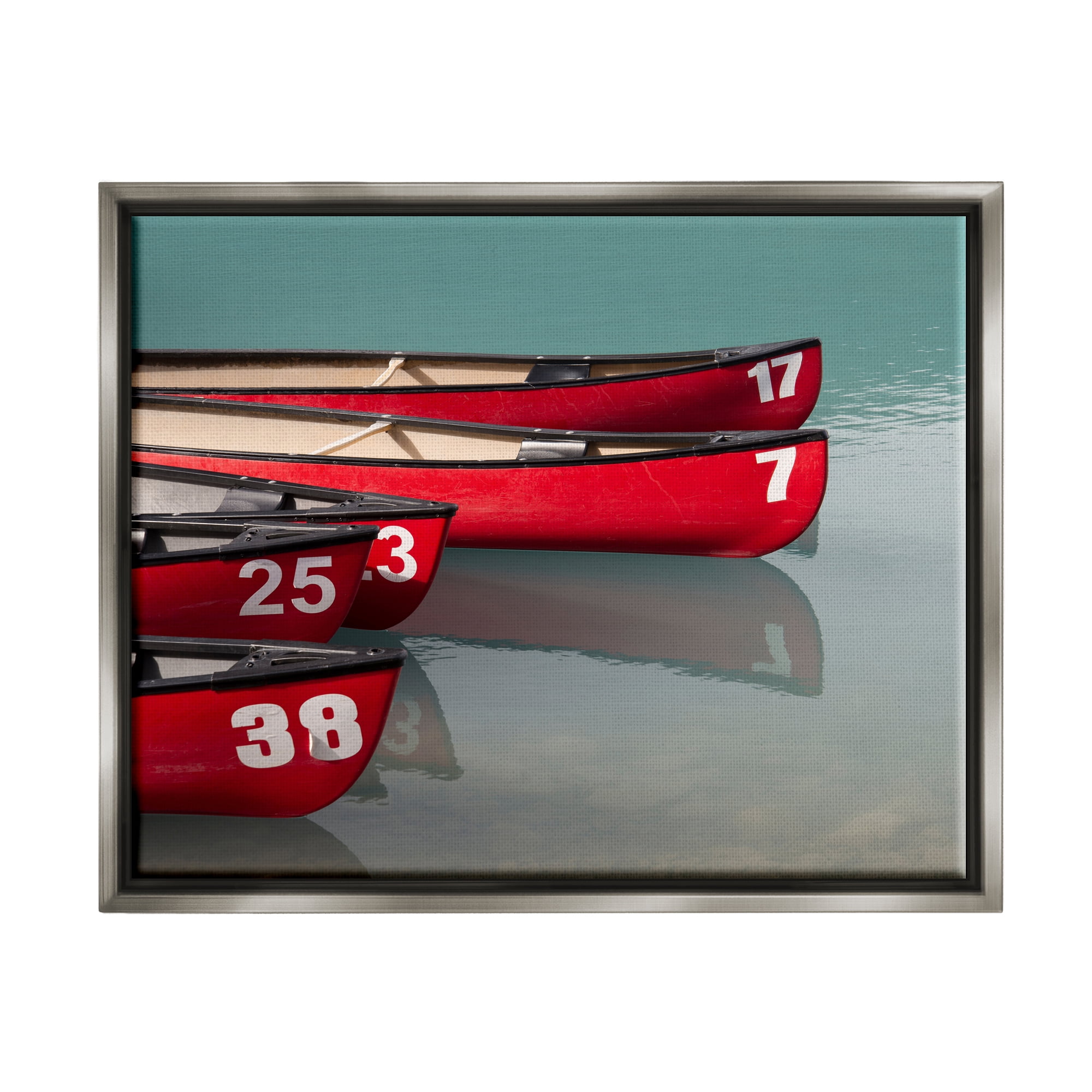 Stupell Red Canoes Summertime Lake Landscape Photography Gray Floater Framed Art Print Wall Art