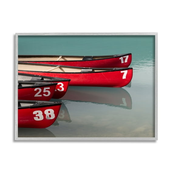 Stupell Red Canoes Summertime Lake Landscape Photography Gray Framed Art Print Wall Art