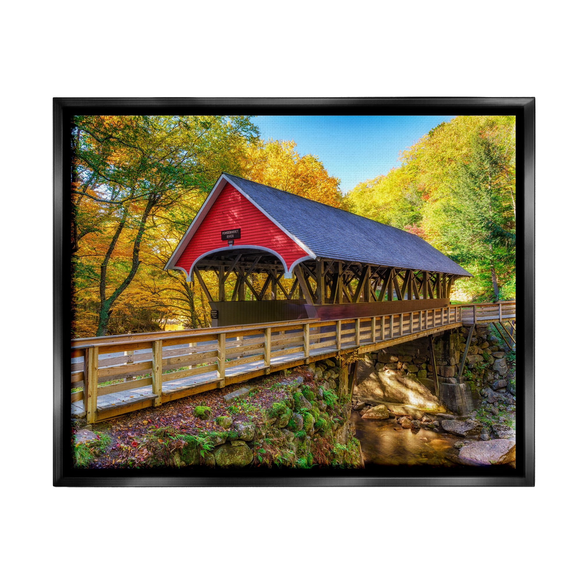 Stupell Red Covered Bridge Woodland Creek Landscape Photography Black Floater Framed Art Print Wall Art