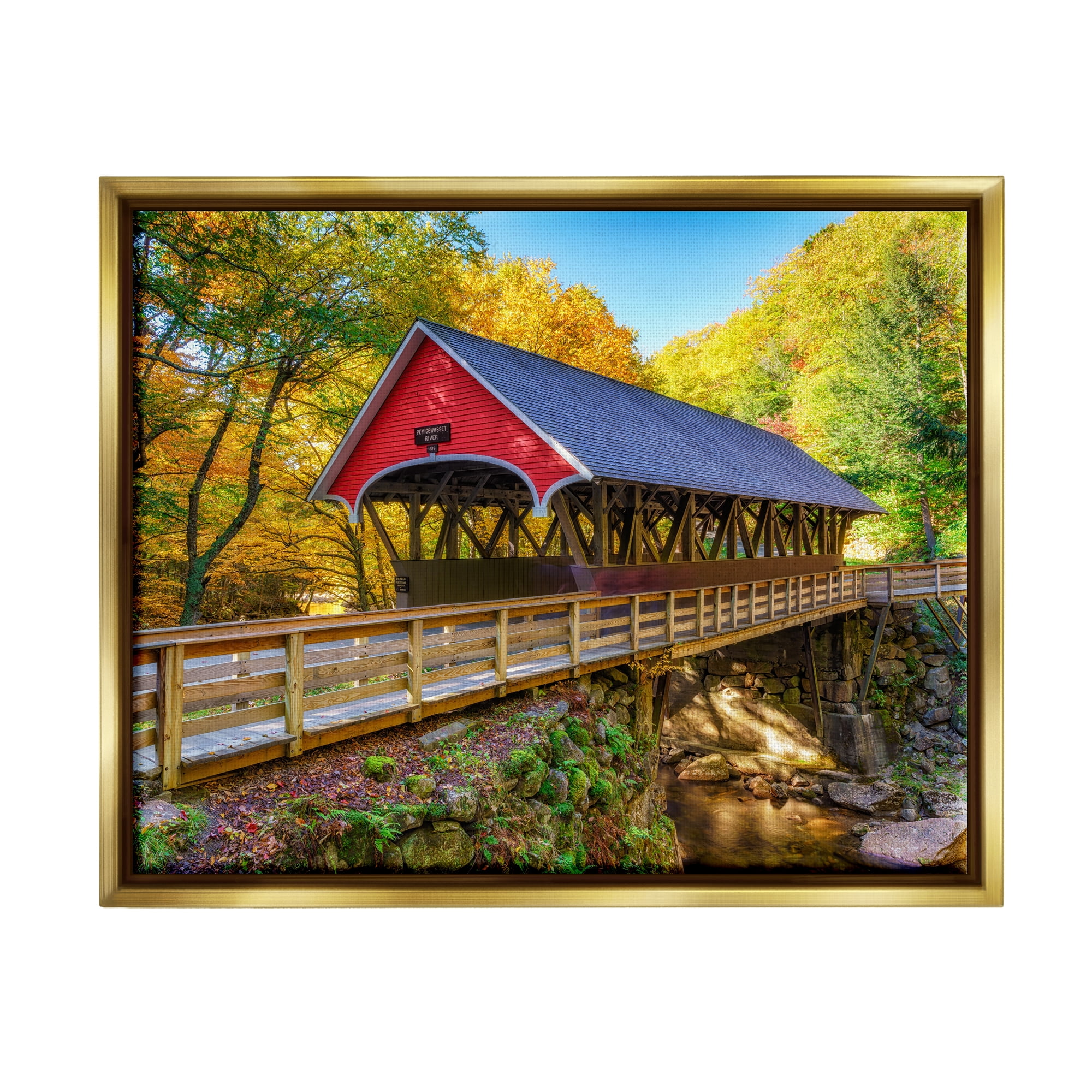 Stupell Red Covered Bridge Woodland Creek Landscape Photography Gold Floater Framed Art Print Wall Art