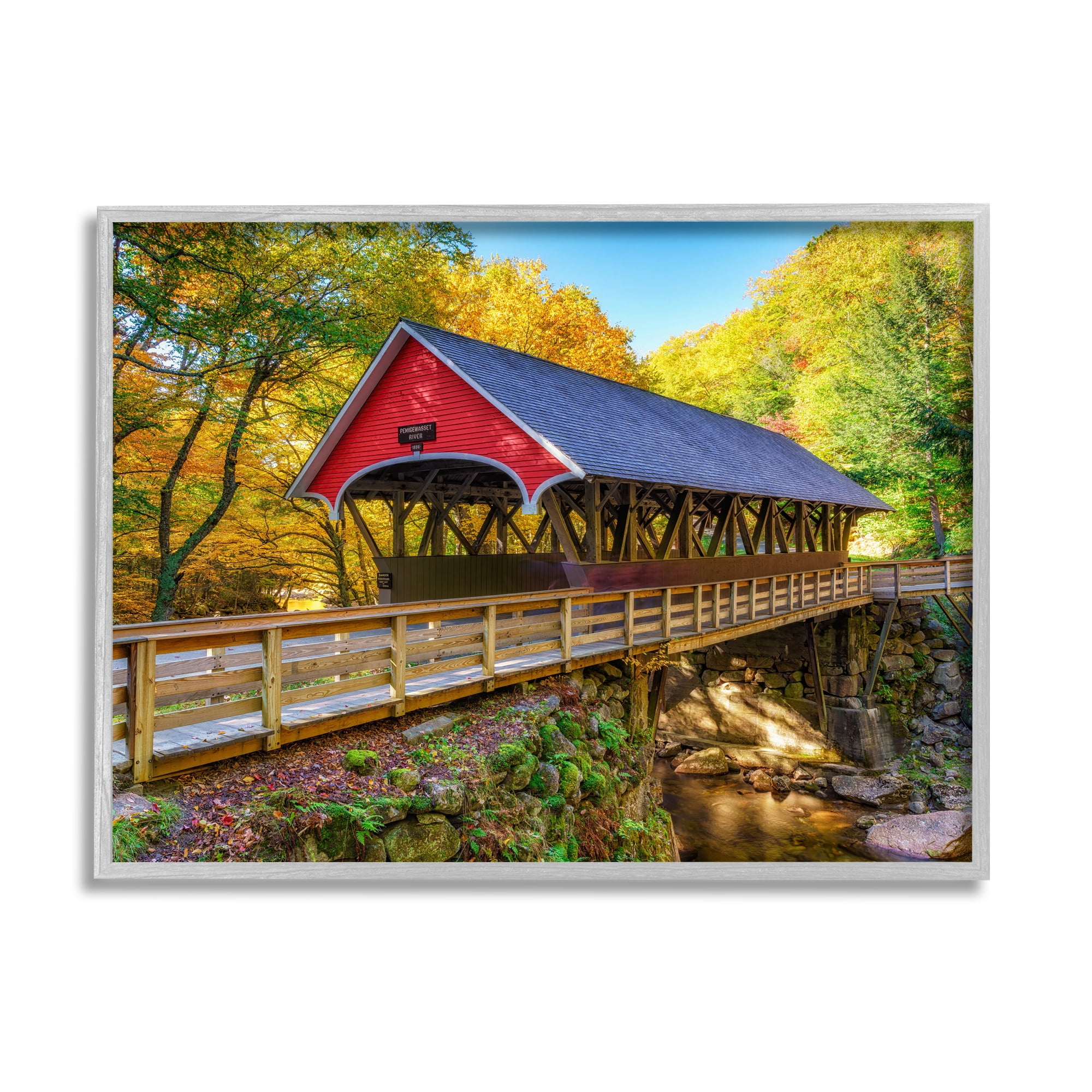 Stupell Red Covered Bridge Woodland Creek Landscape Photography Gray Framed Art Print Wall Art