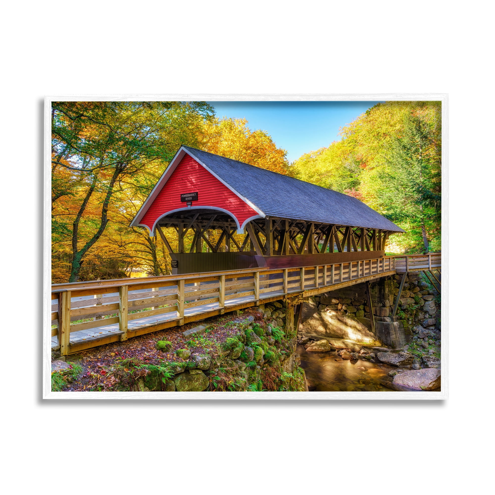 Stupell Red Covered Bridge Woodland Creek Landscape Photography White Framed Art Print Wall Art