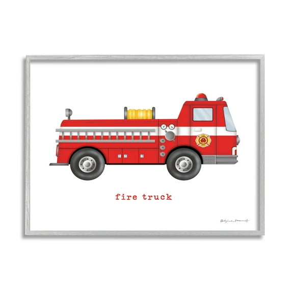 Stupell Red Fire Truck Vehicle Transportation Painting Gray Framed Art Print Wall Art
