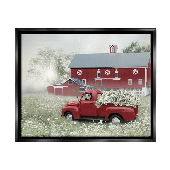Stupell Red Truck Floral Country Meadow Transportation Painting Black Floater Framed Art Print Wall Art