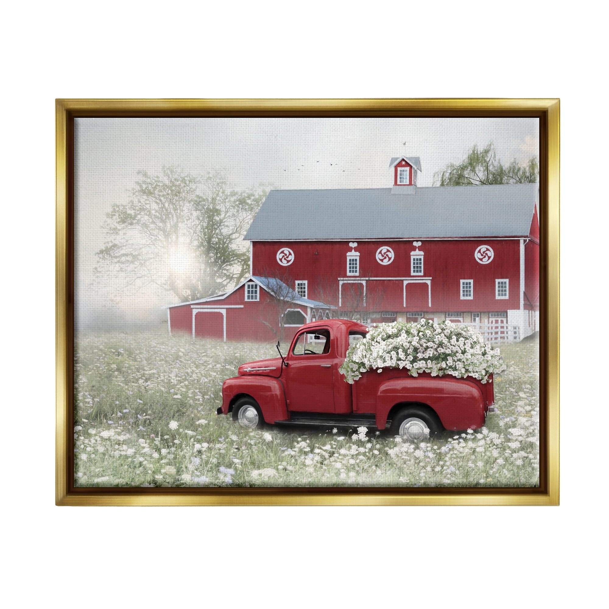 Stupell Red Truck Floral Country Meadow Transportation Painting Gold Floater Framed Art Print Wall Art