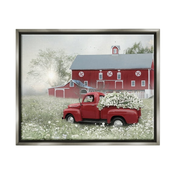 Stupell Red Truck Floral Country Meadow Transportation Painting Gray Floater Framed Art Print Wall Art