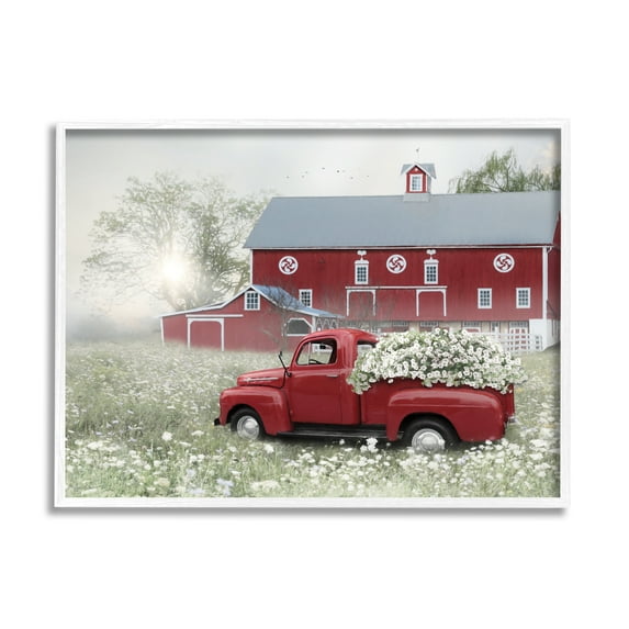 Stupell Red Truck Floral Country Meadow Transportation Painting White Framed Art Print Wall Art