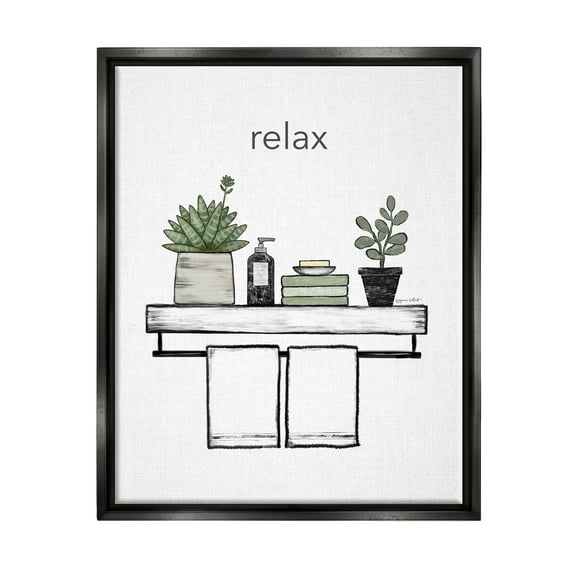 Stupell Relax Bathroom Potted Botanicals Typography Painting Black Floater Framed Art Print Wall Art