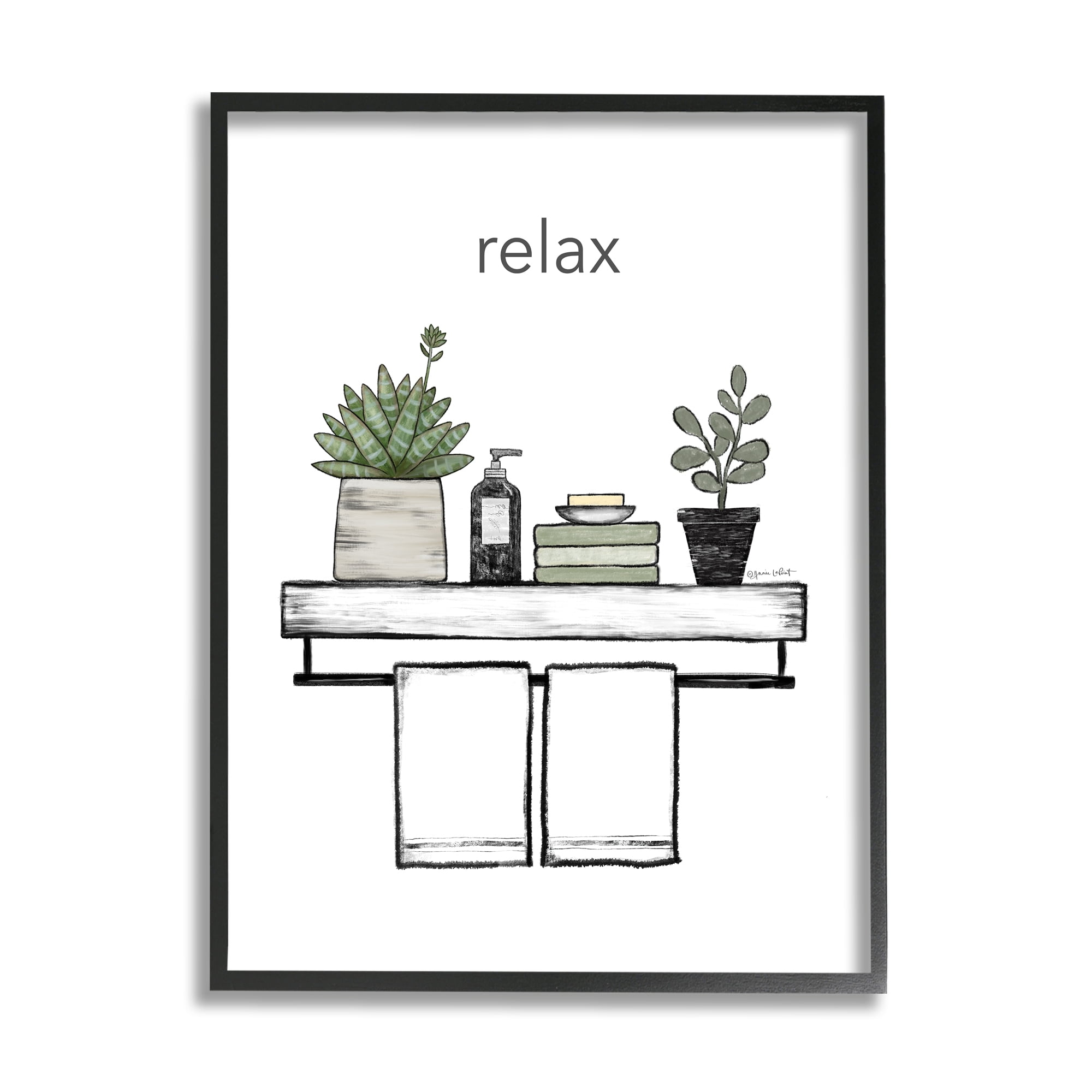 Stupell Relax Bathroom Potted Botanicals Typography Painting Black Framed Art Print Wall Art