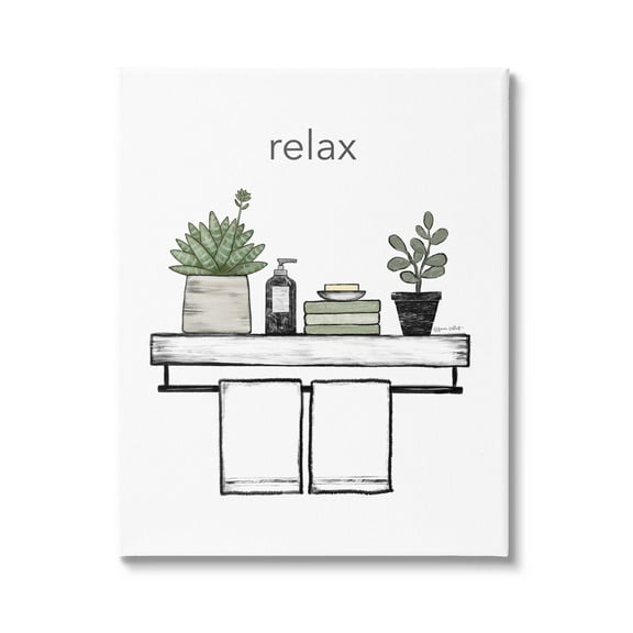Stupell Relax Bathroom Potted Botanicals Typography Painting Gallery Wrapped Canvas Print Wall Art