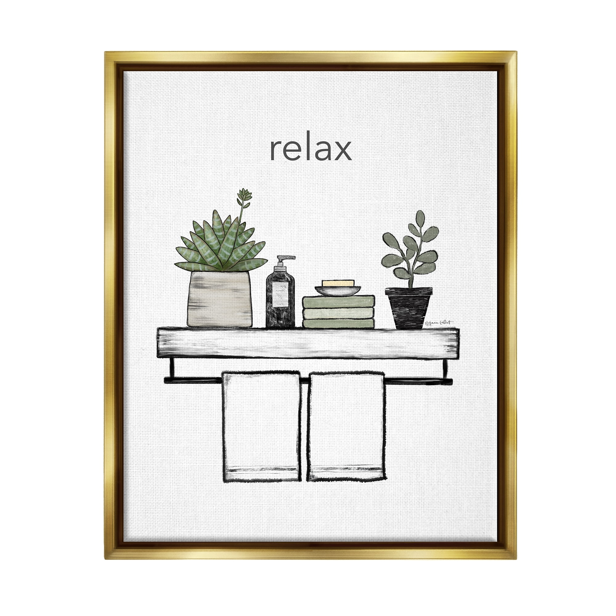 Stupell Relax Bathroom Potted Botanicals Typography Painting Gold Floater Framed Art Print Wall Art