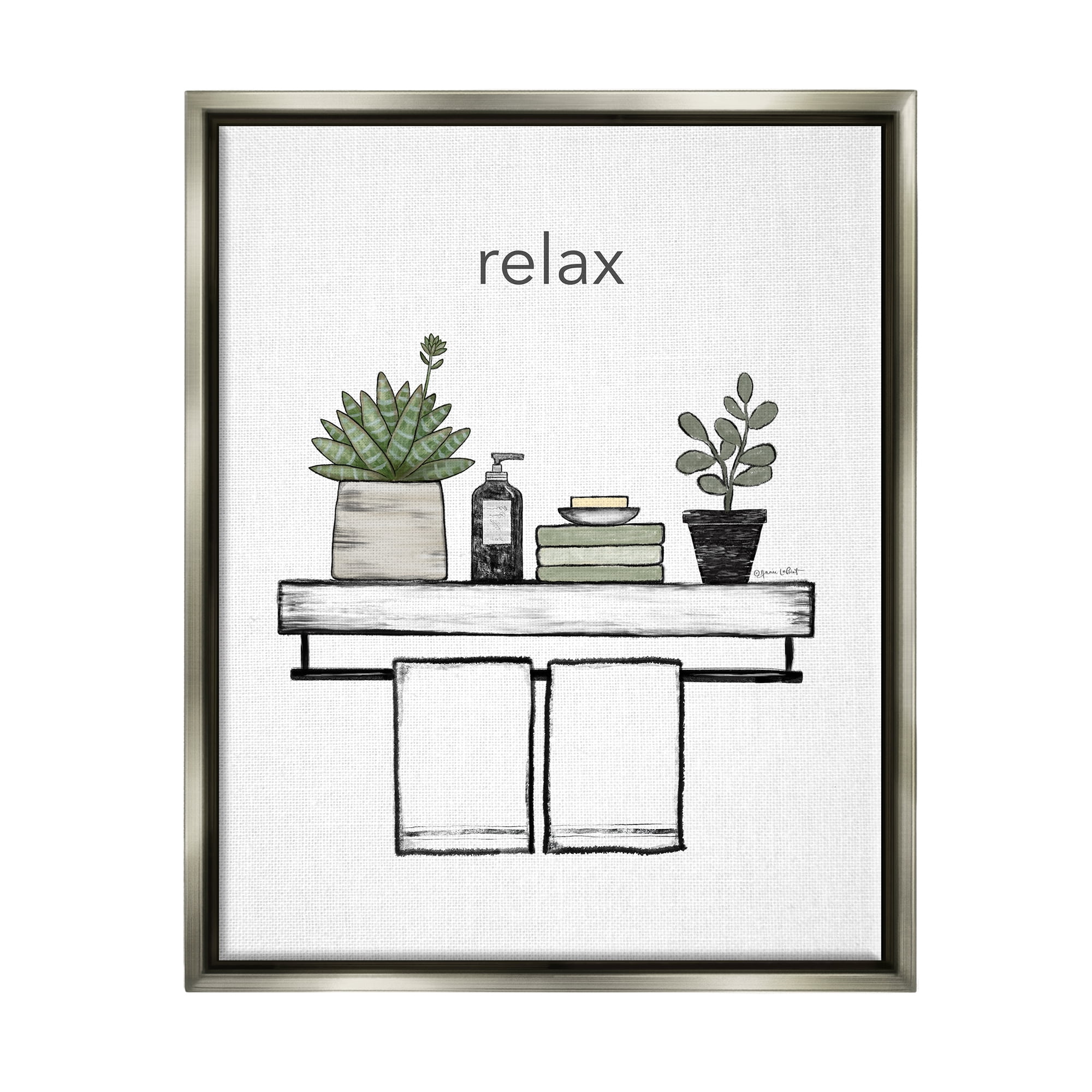 Stupell Relax Bathroom Potted Botanicals Typography Painting Gray Floater Framed Art Print Wall Art